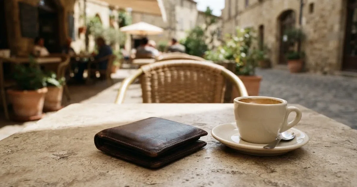 Un portofel de piele închis lângă o cană de cafea, pe masa unei terase la prânz — 20 lei depunere la cazinou în romania