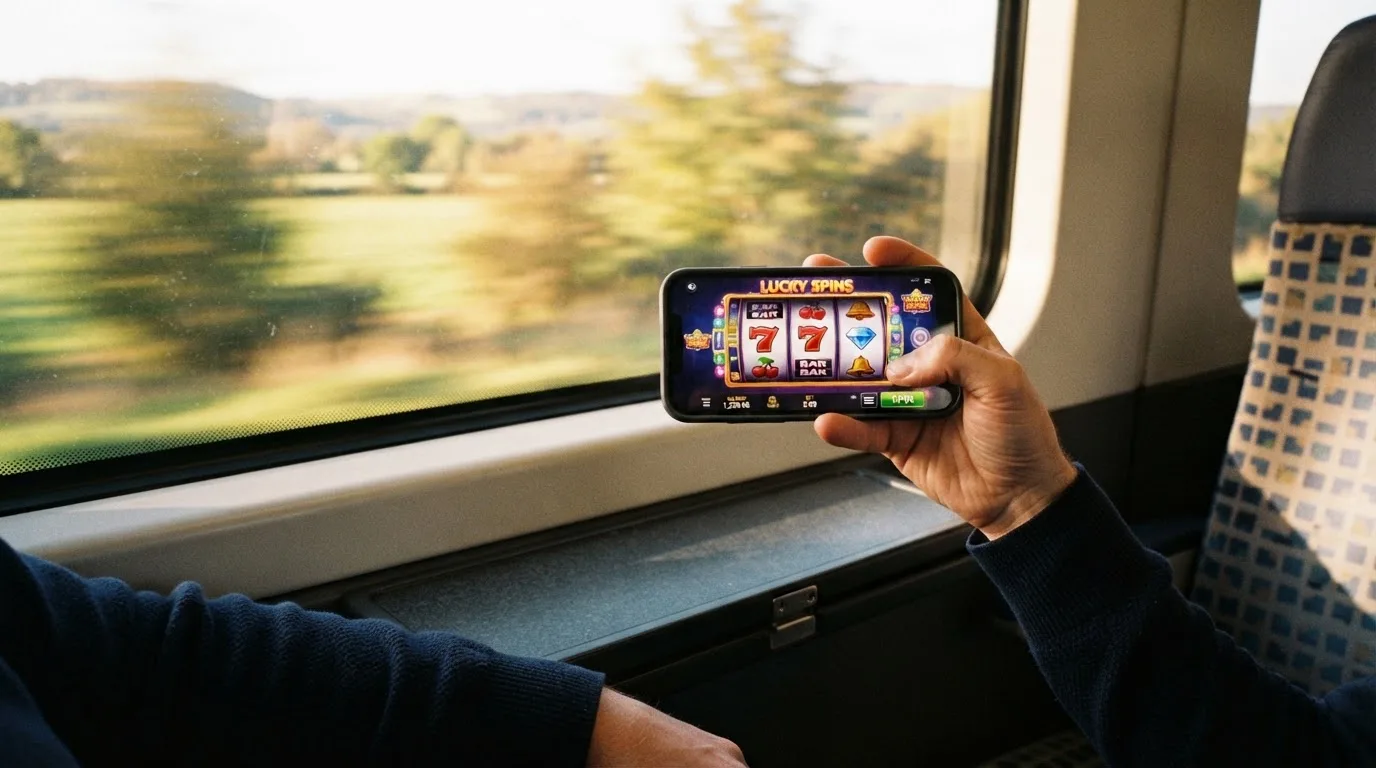 Mână care ține telefonul în poziție orizontală, în timp ce degetul mare atinge ecranul, într-un tren, lângă geam.