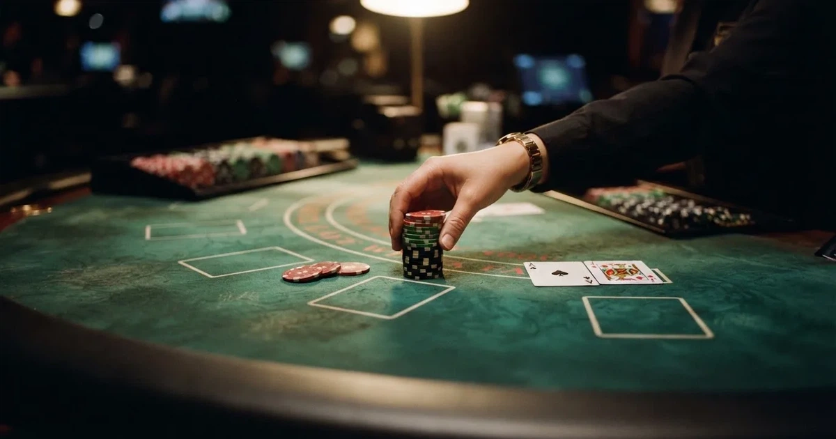 Mâini de crupier aranjând jetoane pe o masă de poker, în lumina unui spot — blackjack cu live dealeri în românia