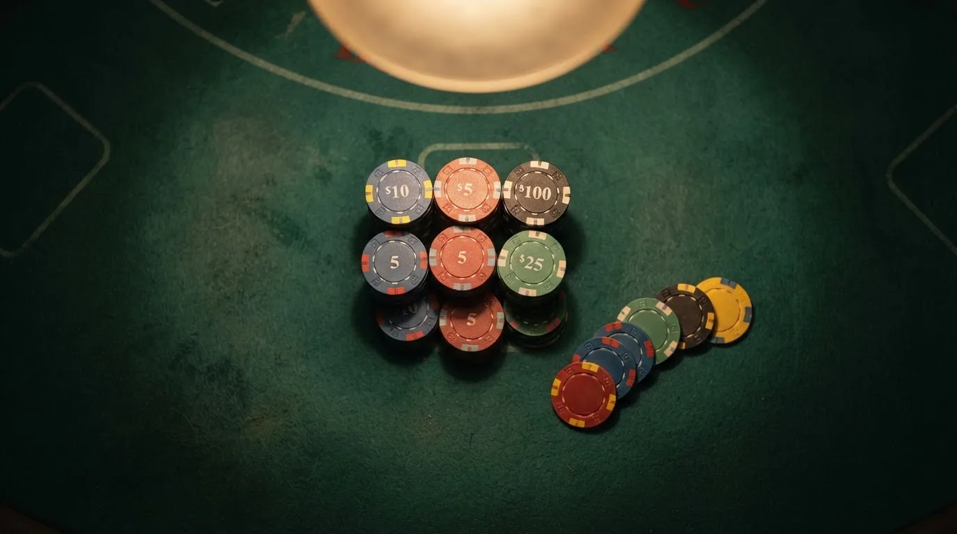 Fișe de cazino colorate stivuite pe un postav verde, sub lumina caldă a unei lămpi suspendate — blackjack cu live dealeri în românia