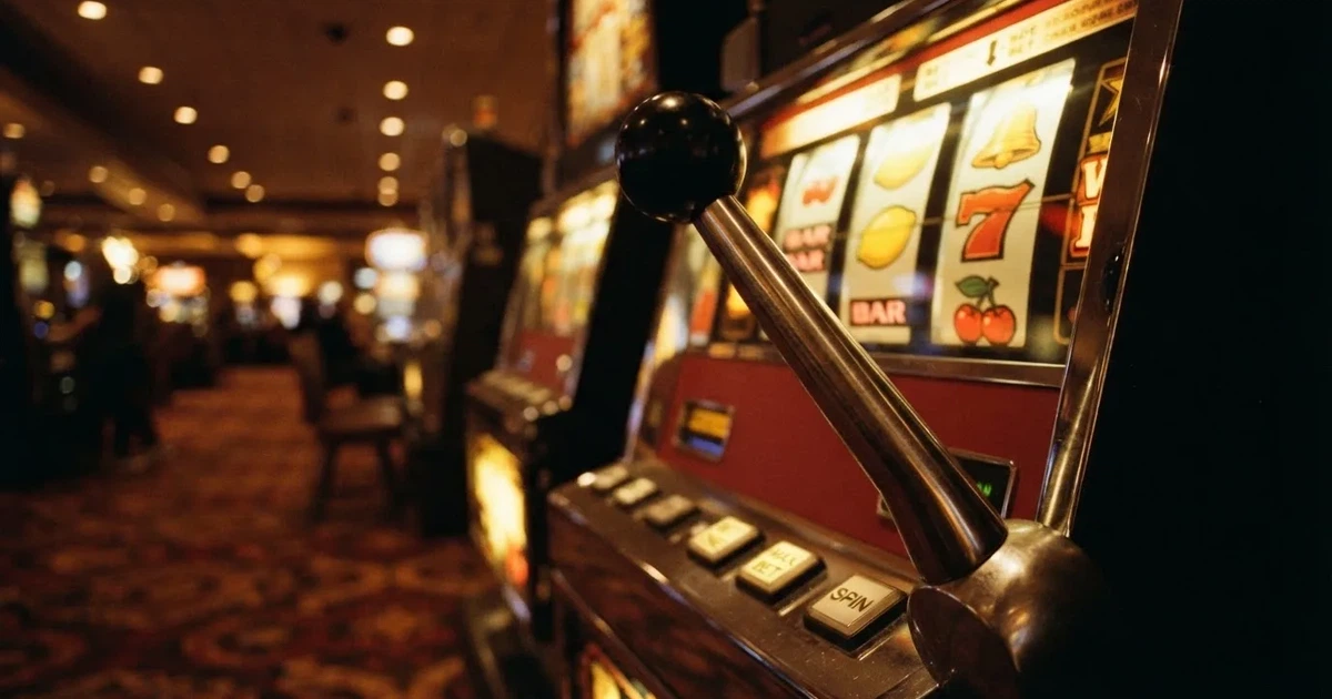 Mânerul cromat al unui automat de joc în prim-plan, cu rolele luminate în fundal — blackjack reguli pentru români