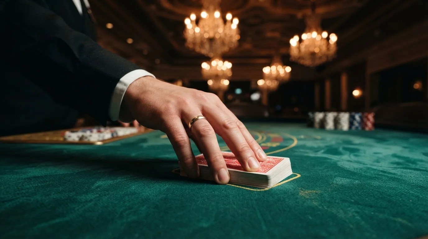 Mâinile unui crupier amestecă cărțile sub candelabrele unui cazinou elegant — blackjack reguli pentru români