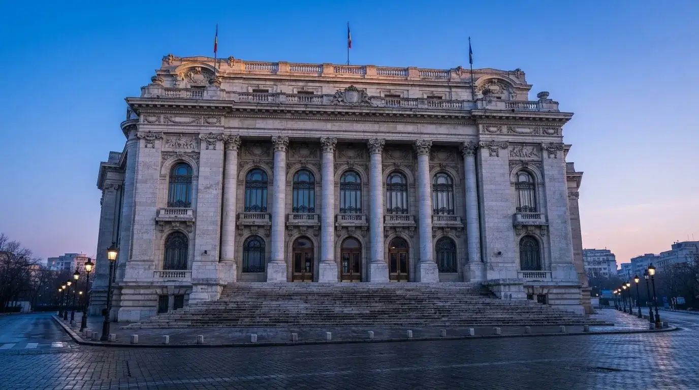 Fațada de piatră a unei clădiri guvernamentale din București, în lumina rece a zorilor — blackjack reguli pentru români