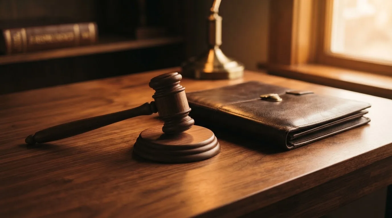 Un ciocan de judecător lângă un dosar de piele închis, pe o masă de nuc lustruit — bune cazinouri în românia
