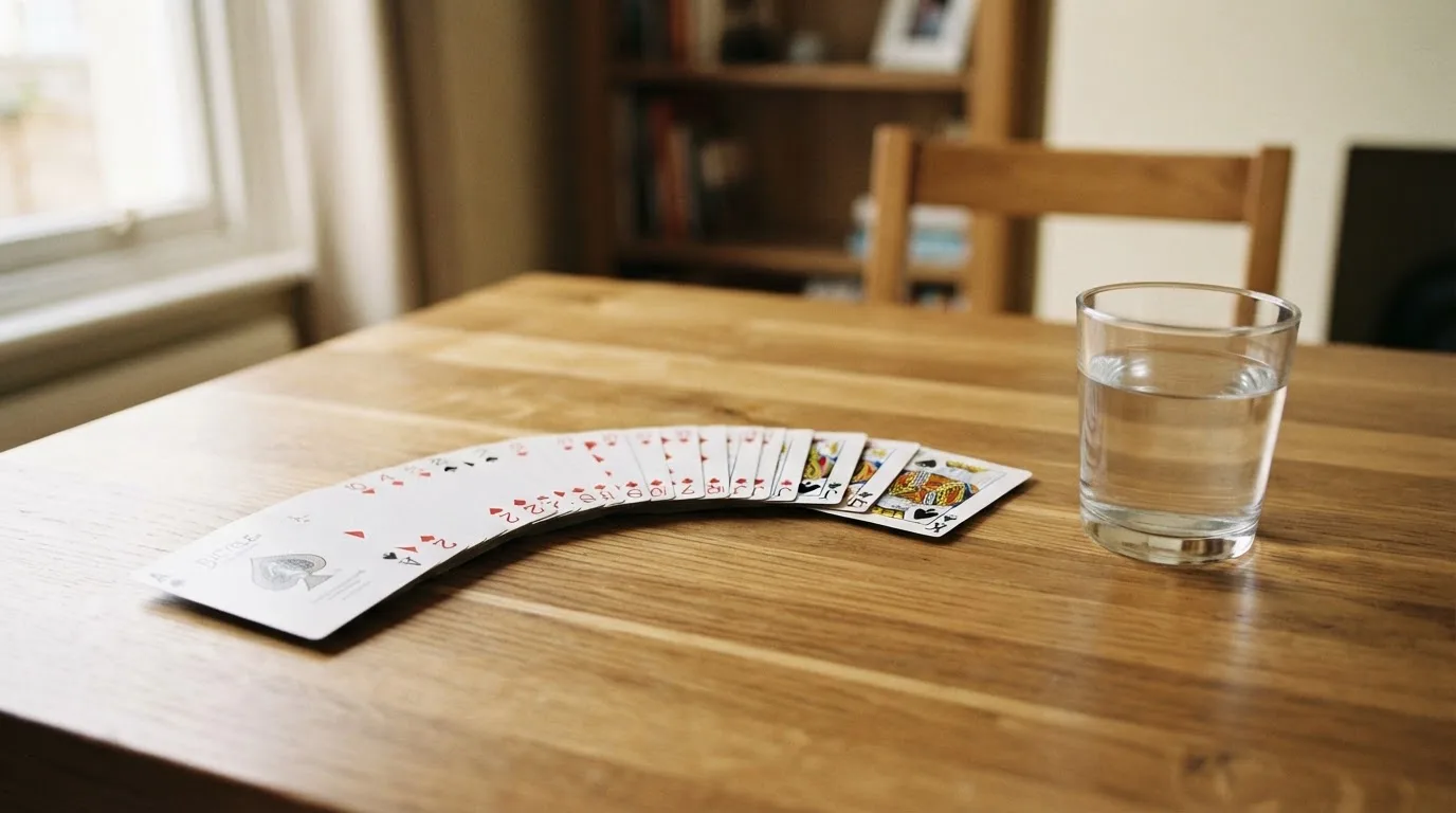 Un pachet de cărți de joc desfăcut evantai pe o masă de stejar, lângă un pahar cu apă — casino gratis în românia