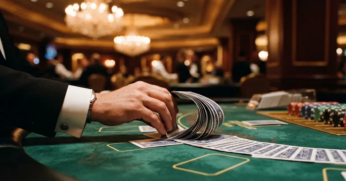 Mâinile unui crupier amestecă cărțile sub candelabrele unui cazinou elegant — casinouri online în romania