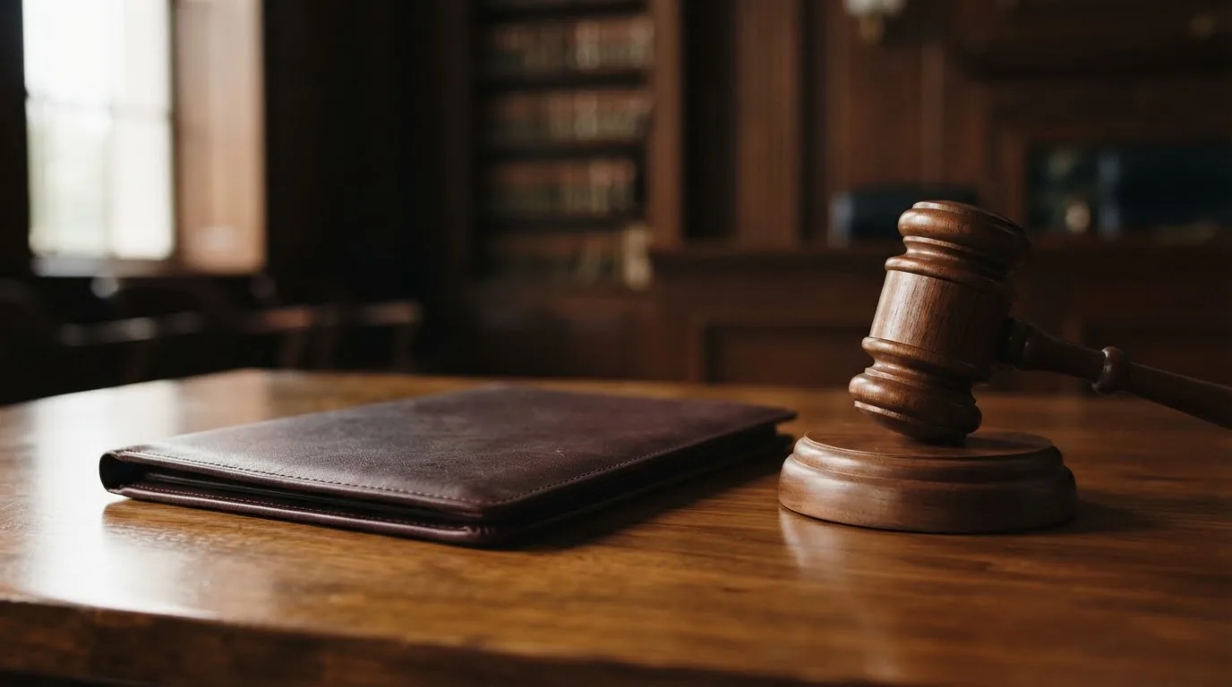 Un ciocan de judecător lângă un dosar de piele închis, pe o masă de nuc lustruit — cazino cu bani reali în românia