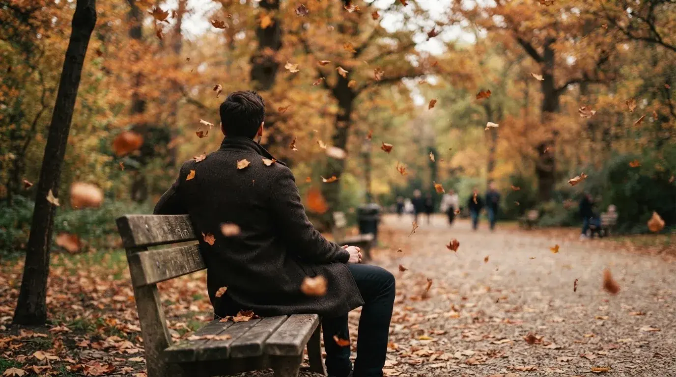 Un om pe o bancă din parc privește frunzele toamnei căzând, în lumină blândă — cazinouri fără licență în românia
