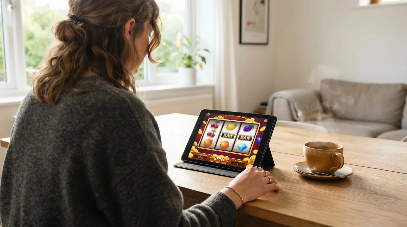 Adult tânăr stă la masa din sufragerie cu o tabletă în față și o cană de ceai, într-o cameră cu lumină naturală puternică.