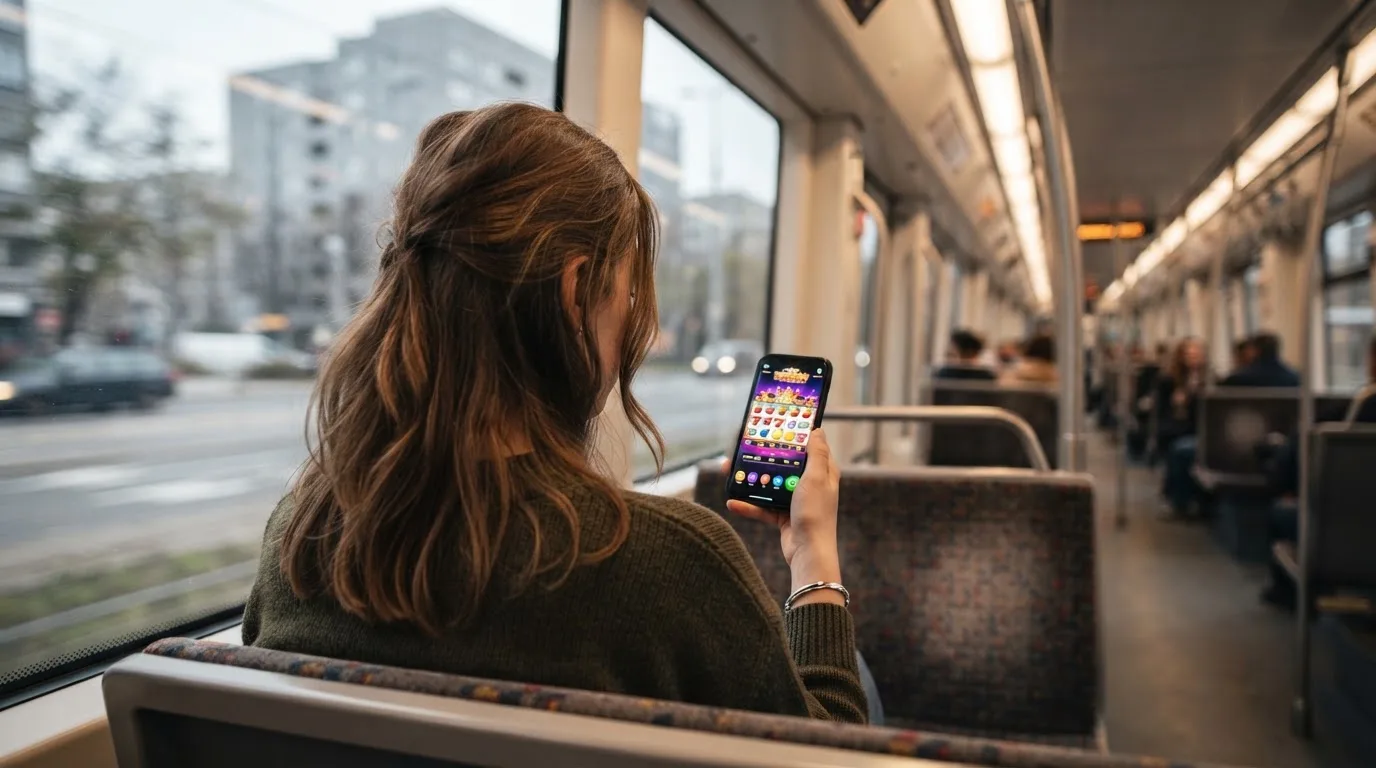 Tânără în tramvai ține telefonul cu ambele mâini și zâmbește, în timp ce afară se văd clădiri neclare în mișcare.