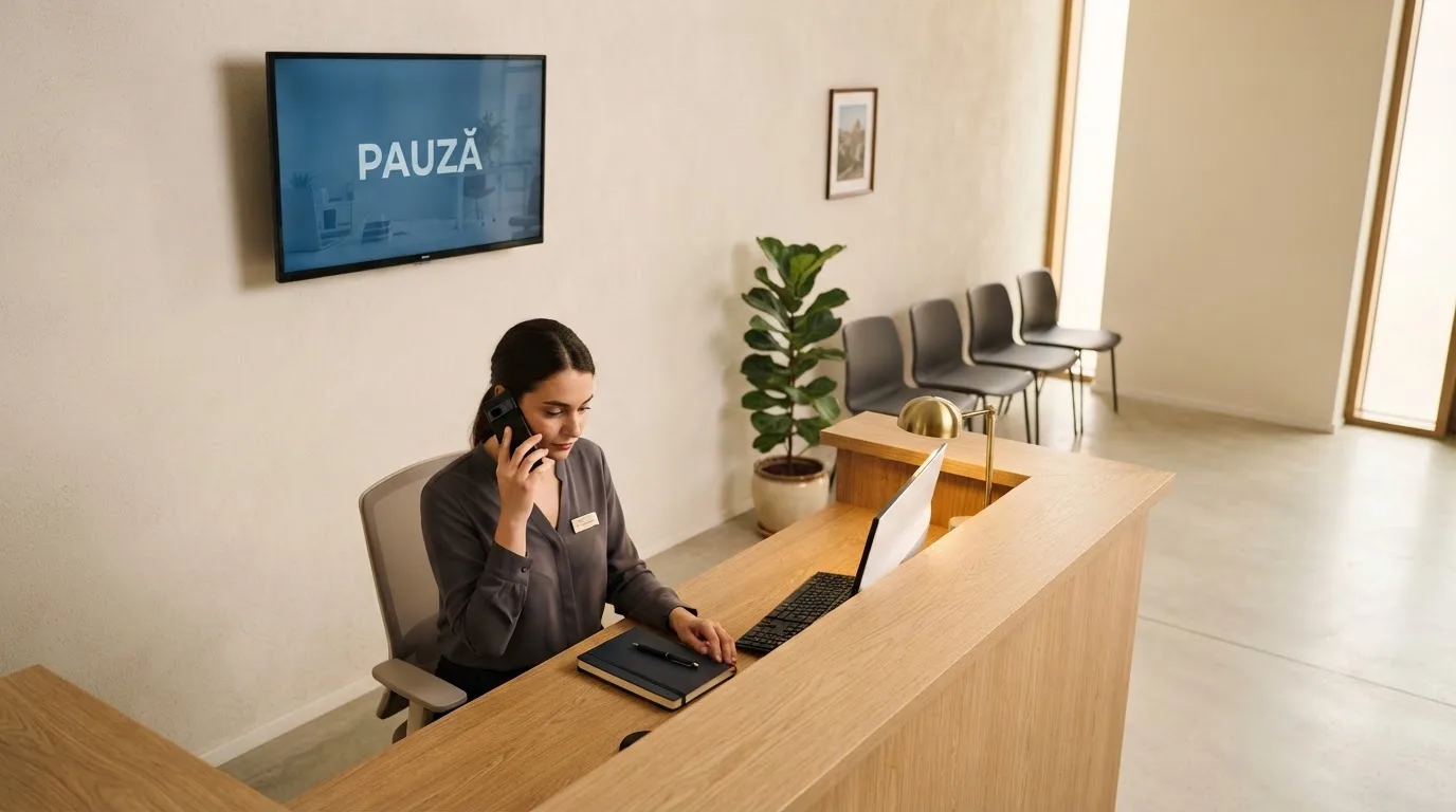 Birou de recepție într-un hol modern, cu un monitor discret pe un perete și o funcționară care răspunde la telefon.