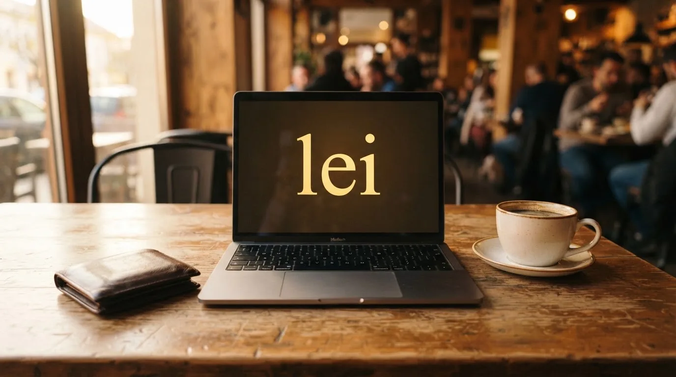Laptop deschis pe o masă de cafenea, lângă un portofel de piele și o cană, cu lumina după-amiezii pe suprafața mesei.