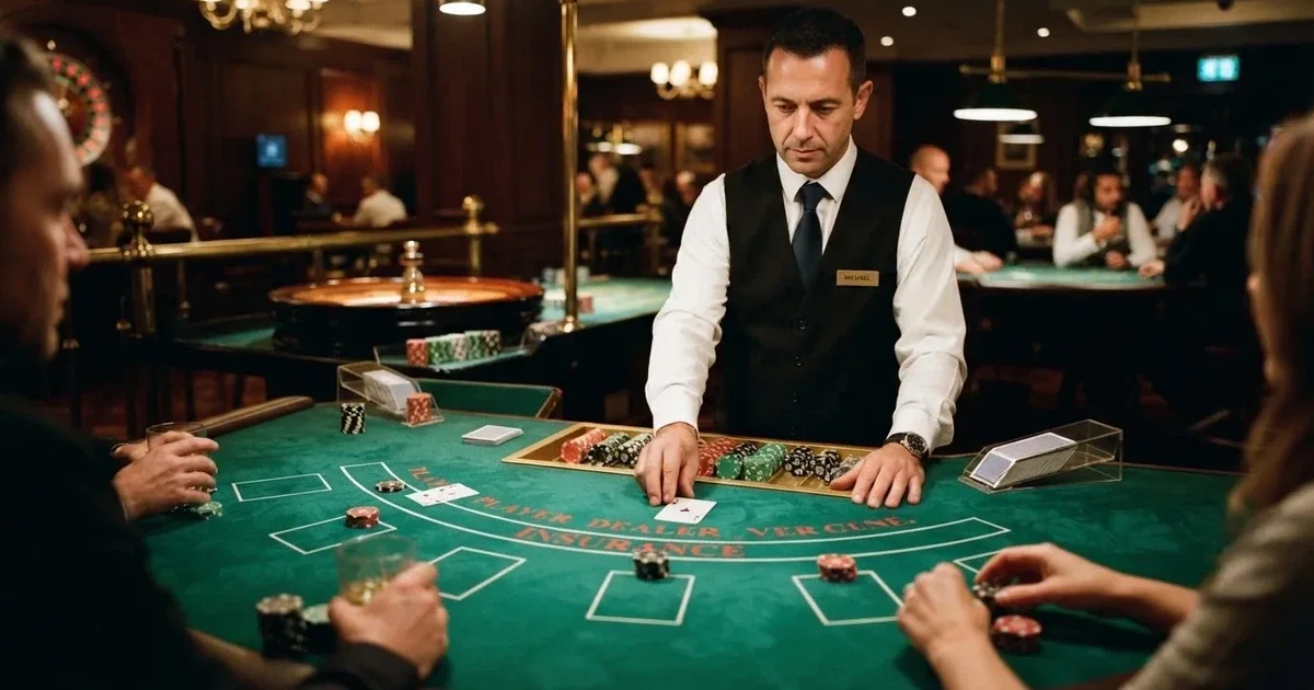Un crupier în vestă neagră împarte cărți la o masă de blackjack, sub spoturi calde — jocuri de ruletă în română