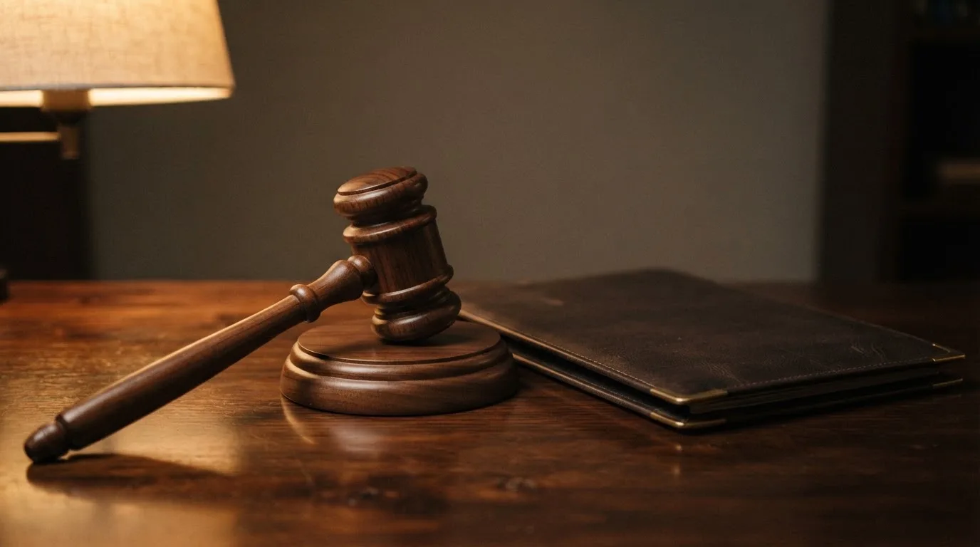 Un ciocan de judecător lângă un dosar de piele închis, pe o masă de nuc lustruit — live blackjack în românia